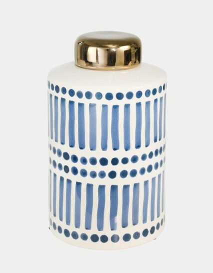 Ceramic 9" Jar With Gold Lid, Blue
