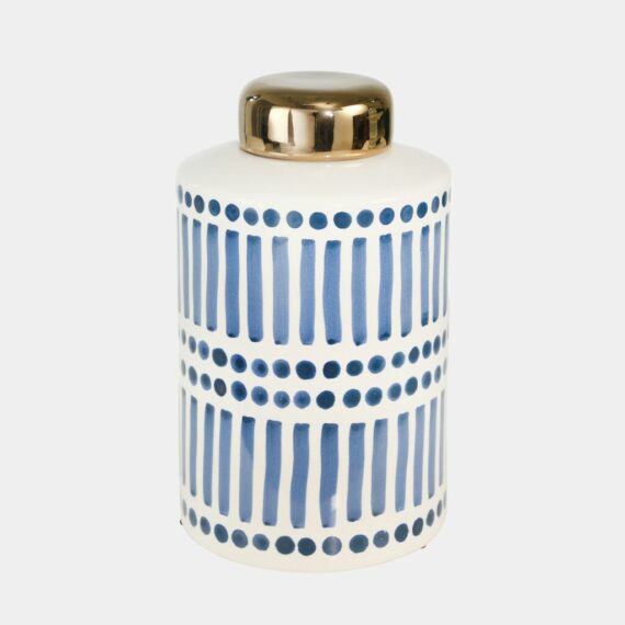 Ceramic 9" Jar With Gold Lid, Blue
