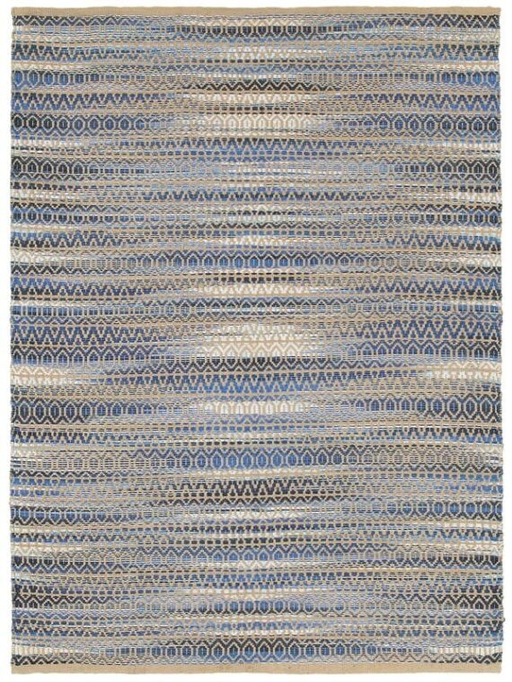 alfombra rectangular jaspeada en tonos azul, cafe y arena