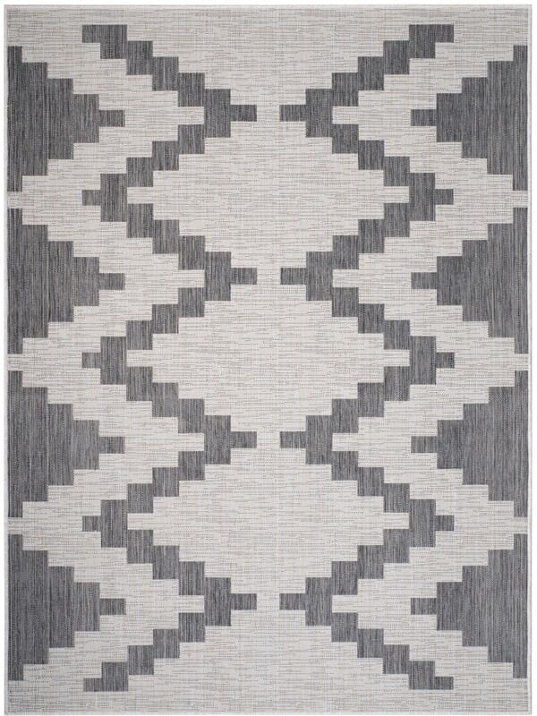 alfombra rectangular con patron de grecas en tonos gris y beige