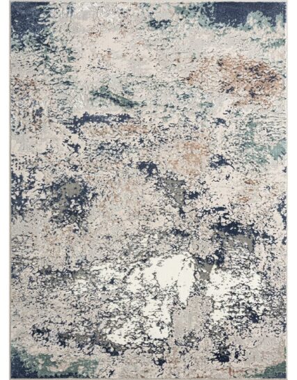 alfombra rectangular en tonos blanco, beige y azul