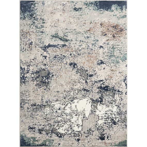 alfombra rectangular en tonos blanco, beige y azul