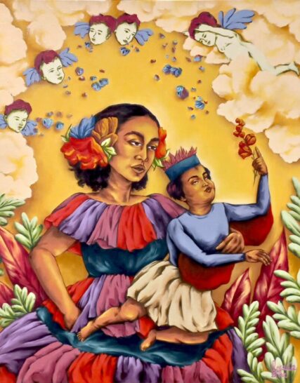 cuadro rectangular multicolor mujer y niño