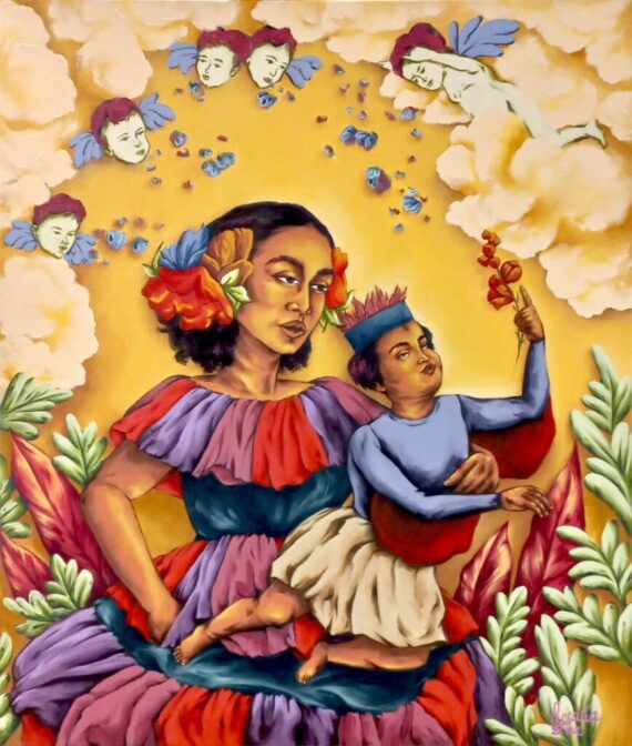 cuadro rectangular multicolor mujer y niño