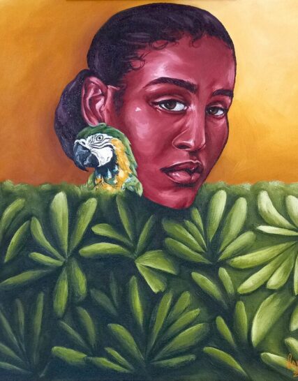 cuadro mujer y guacamaya