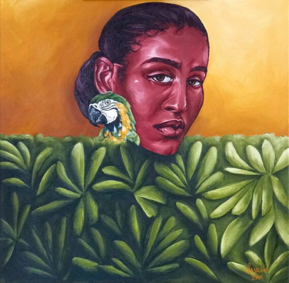 cuadro mujer y guacamaya