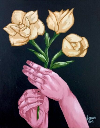 cuadro rectangular manos y flores